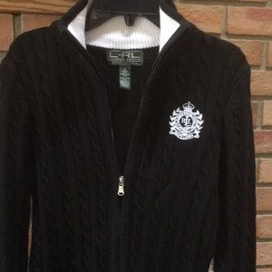 Ralph Lauren Cable Knit Embroidered Crest Black Cotton Zip Up Cardigan Sweater S